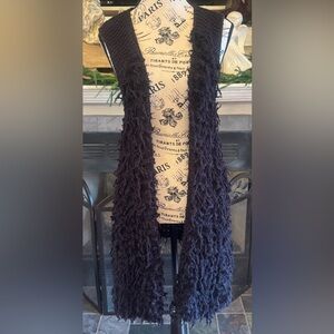Free People Black Shag Boucle Sweater Vest Open Front Long Length Women’s Medium